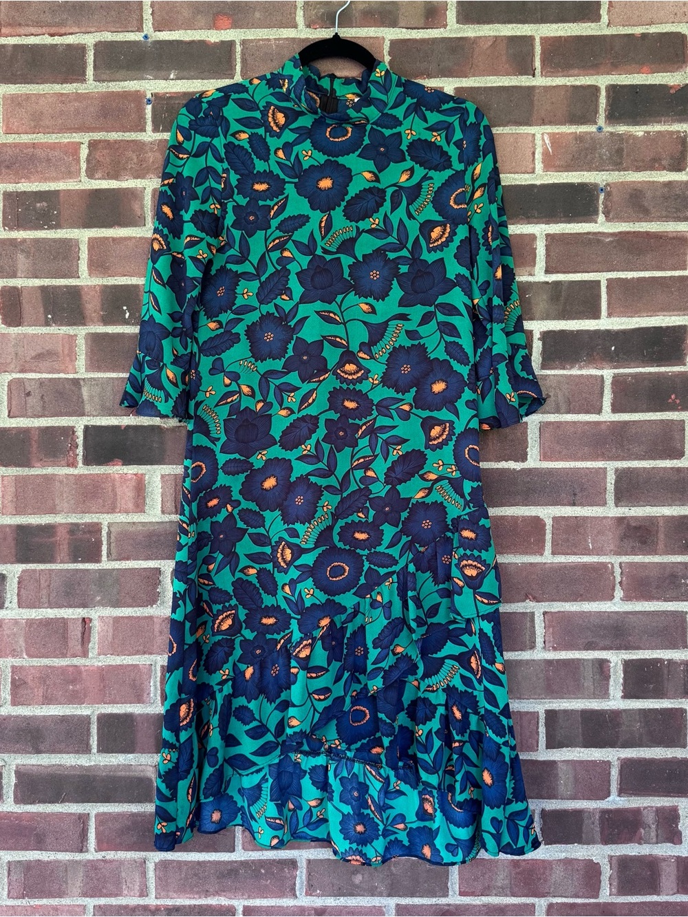QUEEN Floral High Neck Midi Dress Green Navy Ruffle Hem Women’s Size XS Regular
